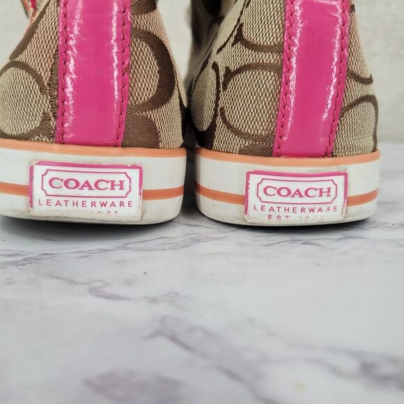 Coach Women's High Top Sneakers Brown Logo Canvas and Pink Embroidery - Picture 9 of 16